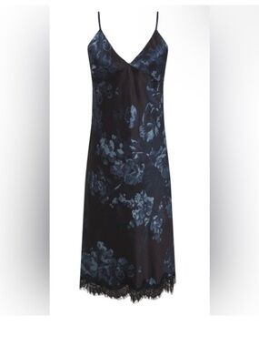 NWT Gold Hawk Blue and Black Silk Floral Midi Dress Size Small
